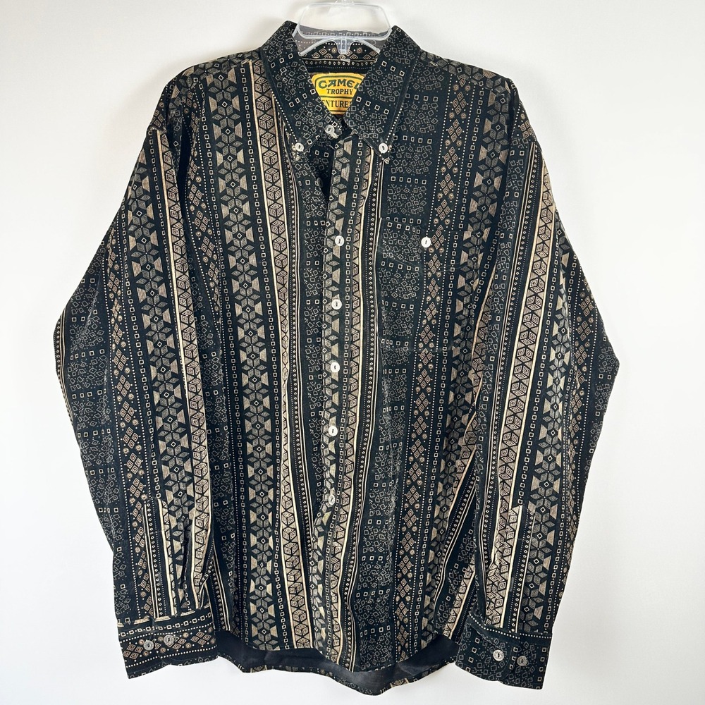 Vintage Camel Trophy Adventurewear Shirt Mens XXL Black Tribal Print Button Down